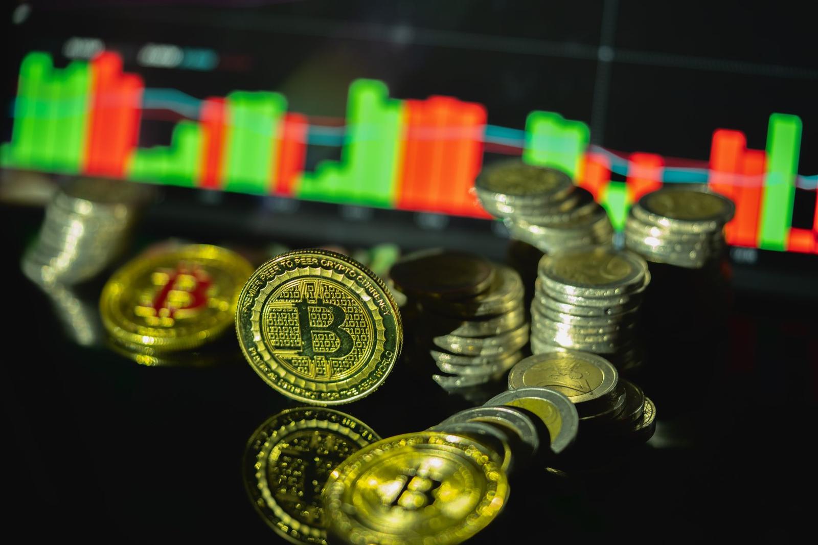 Golden Bitcoin Coins with Financial Chart in Background